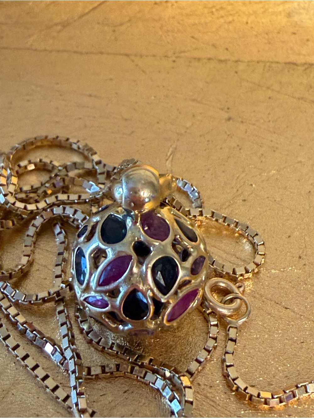 Vintage 18K Yellow Gold Multi Gemstone Sapphire Ruby Openwork Orb Pendant Italy
